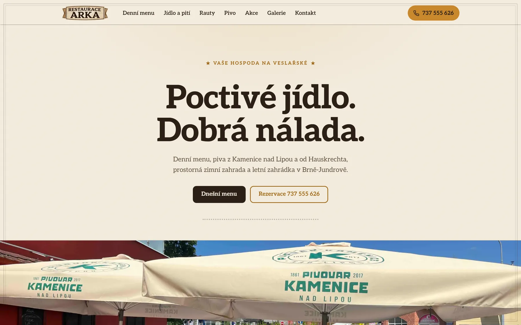 Úvodní stránka webu restauracearka.cz - Restaurace Arka