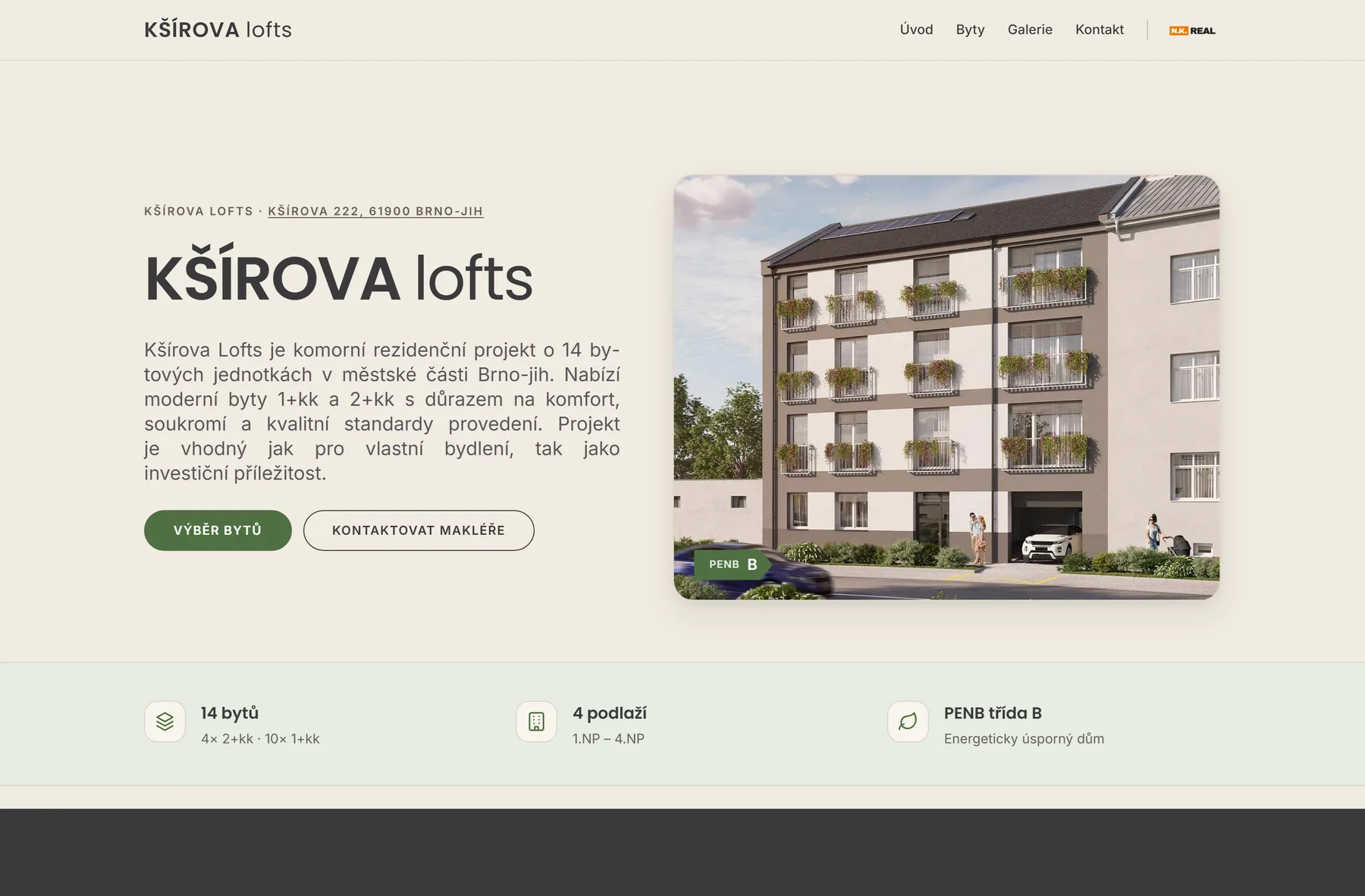 Úvodní stránka webu ksirovalofts.cz - rezidenční projekt Kšírova lofts