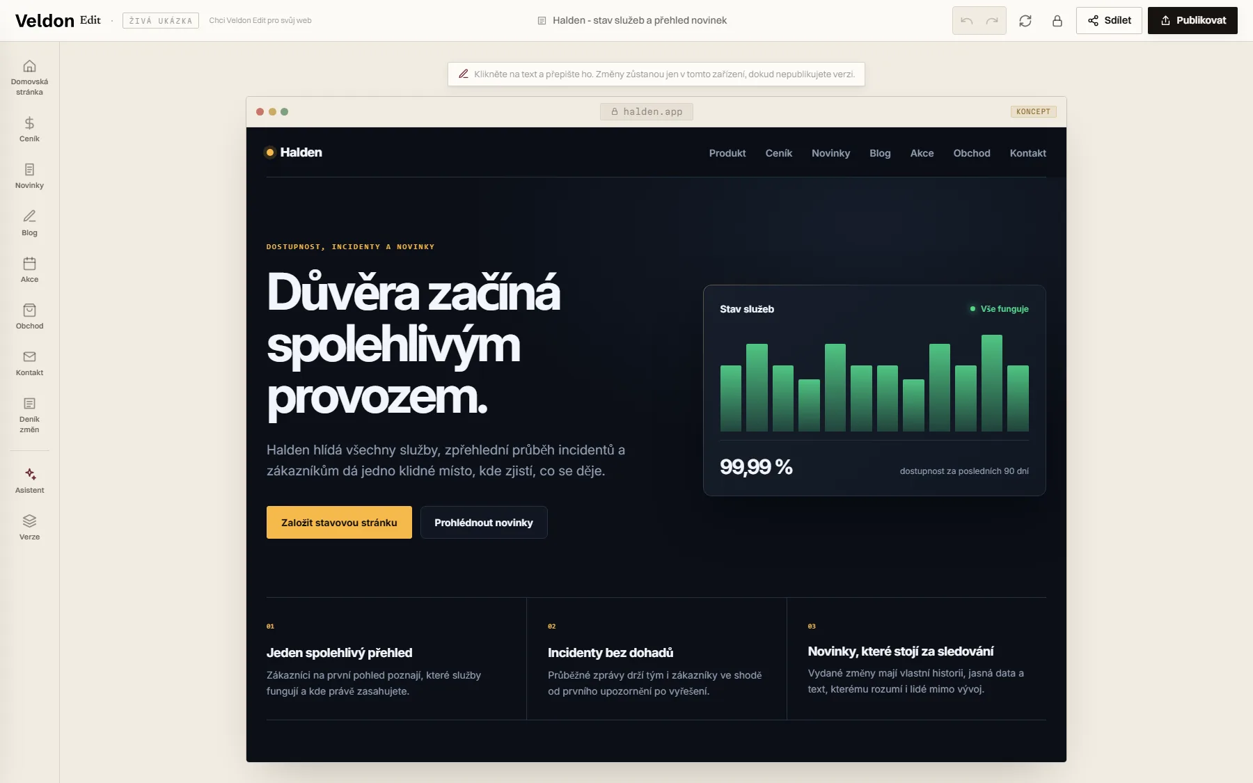 Editor Veldon Edit otevřený na ukázkovém webu