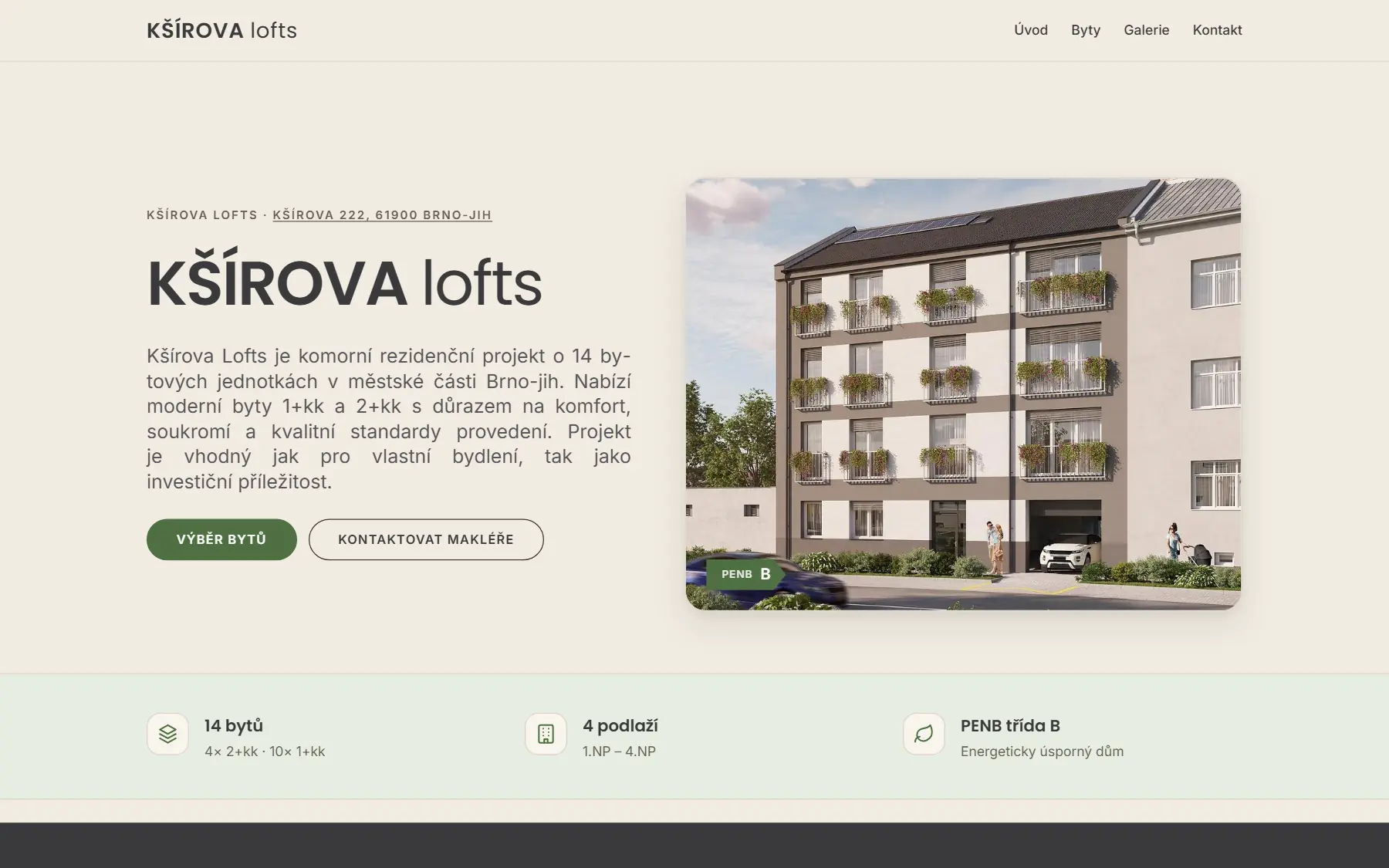 Úvodní stránka webu ksirovalofts.cz - rezidenční projekt Kšírova lofts